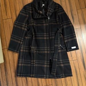 Calvin Klein Black & Brown Plaid Belted Trench Coat